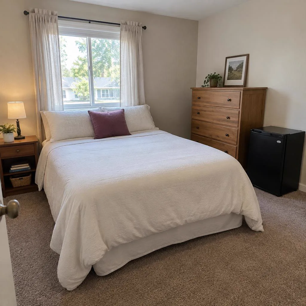 Furnished private bedroom with a bed, dresser, and mini fridge.