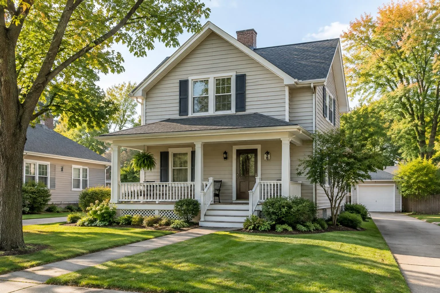 A well-kept two-story Midwestern house with a welcoming porch